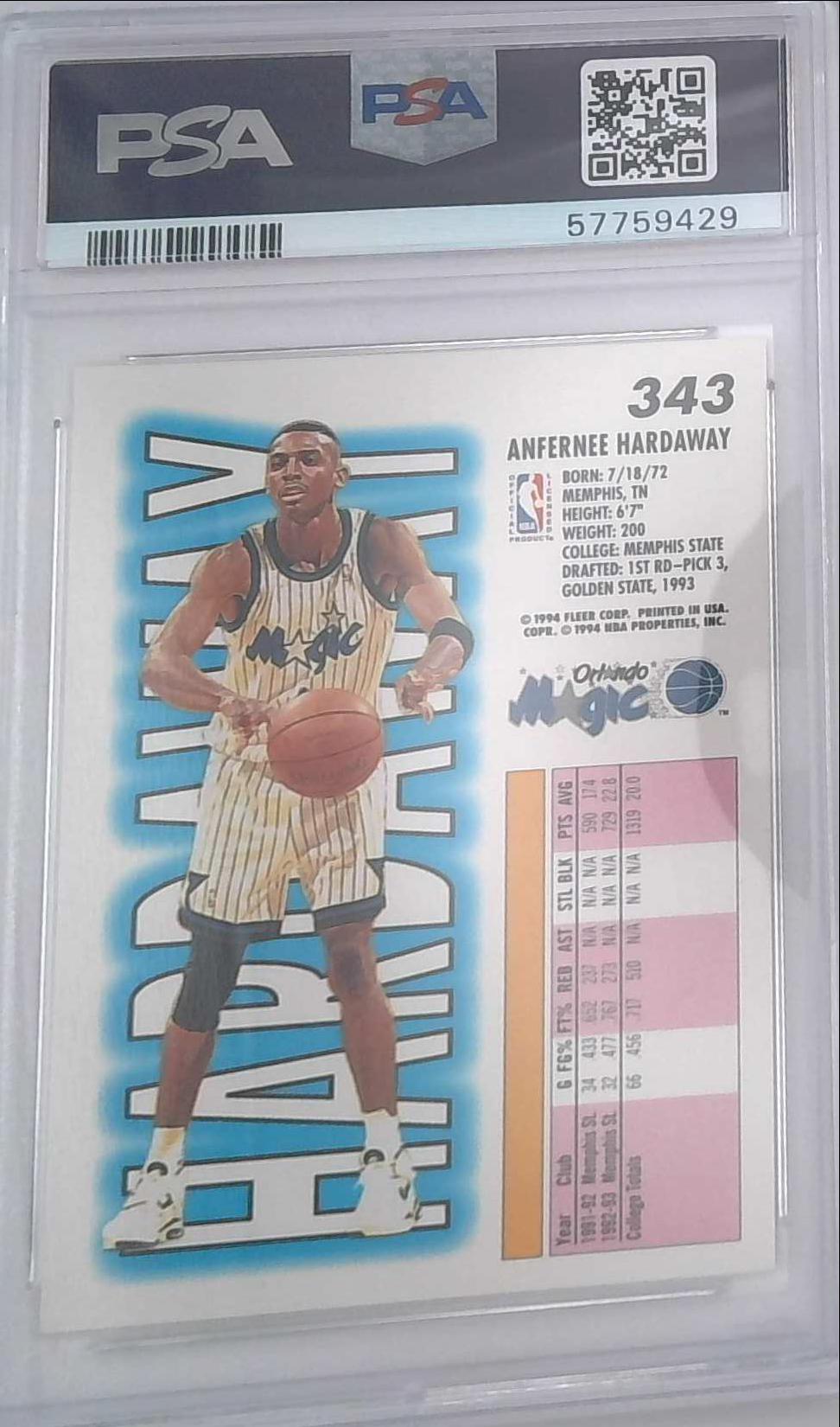 1993 Fleer #343 Anfernee Hardaway RC Orlando Magic PSA 10