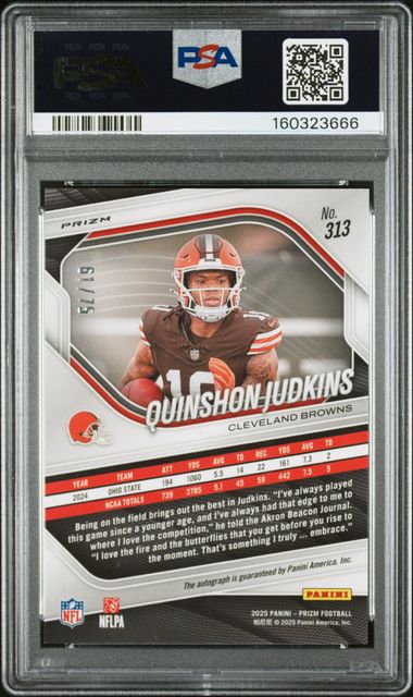 2025 PANINI PRIZM #313 QUINSHON JUDKINS ROOKIE AUTO GREEN SCOPE /75 PSA 9