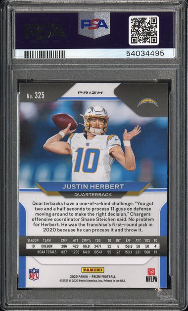 2020 PANINI PRIZM #325 JUSTIN HERBERT RED ICE PSA 9