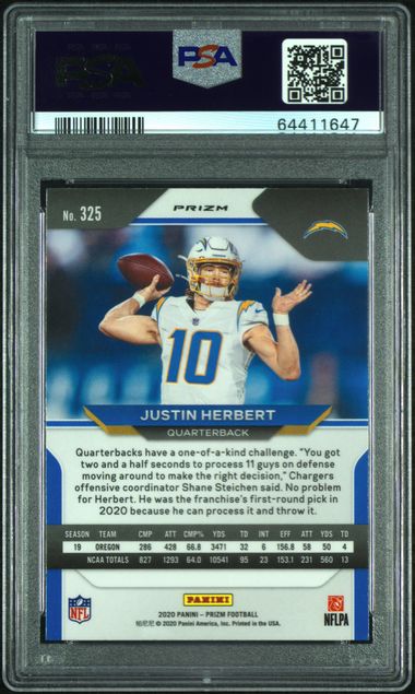 2020 PANINI PRIZM #325 JUSTIN HERBERT RED/WHITE/BLUE PRIZM PSA 9