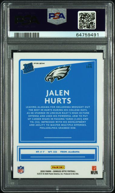 2020 PANINI DONRUSS OPTIC #164 JALEN HURTS BLUE HYPER ROOKIE PSA 9