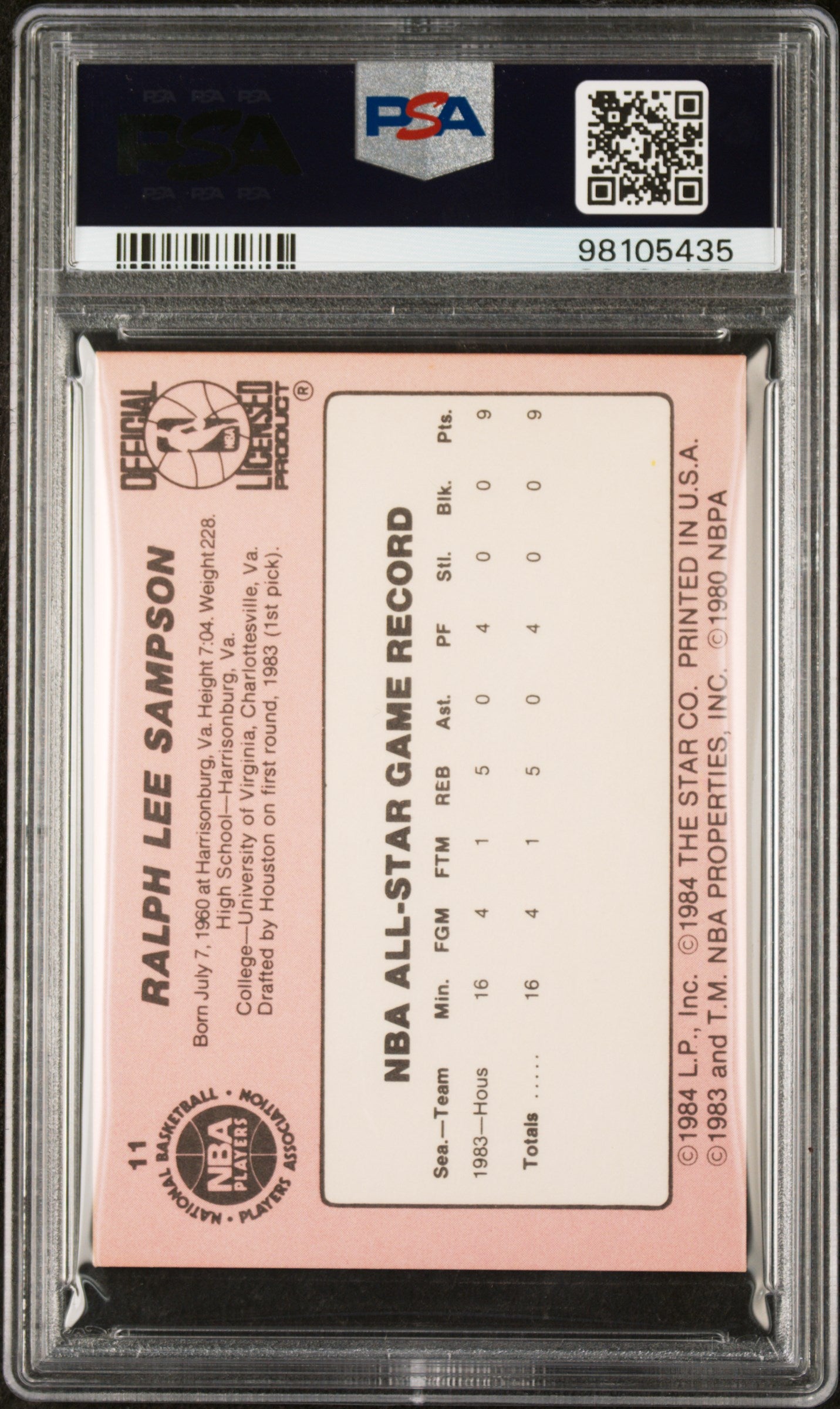1985 Star Crunch N Munch Basketball Ralph Sampson #11 PSA 6