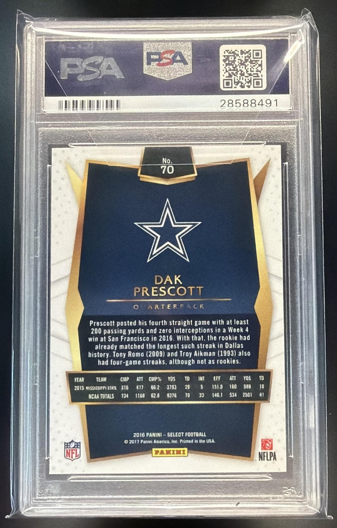 2016 Panini Select Dak Prescott #70 RC Concourse Cowboys PSA 10