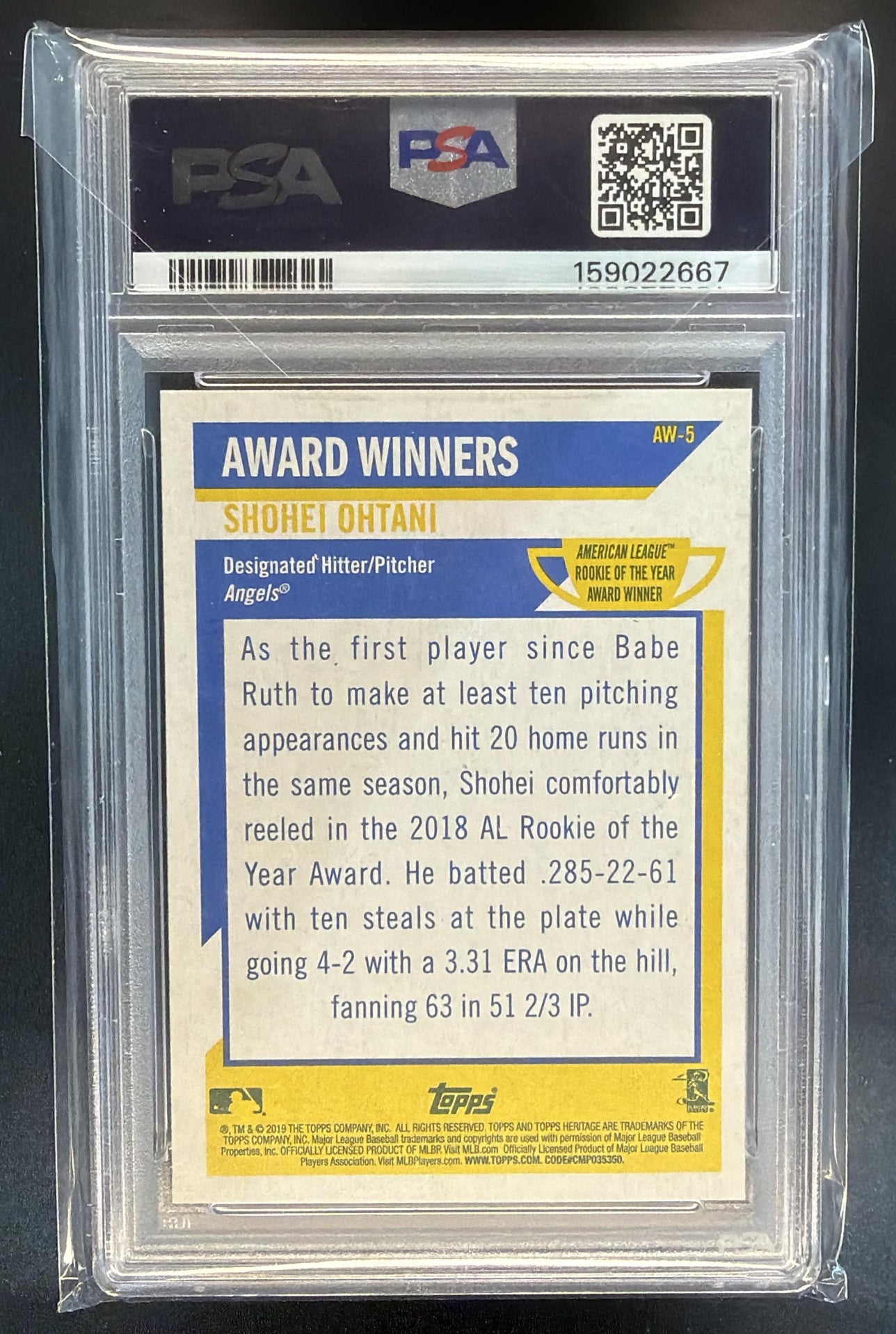 2019 Topps Heritage Shohei Ohtani #AW-5 Award Winners Angels PSA 9 — back