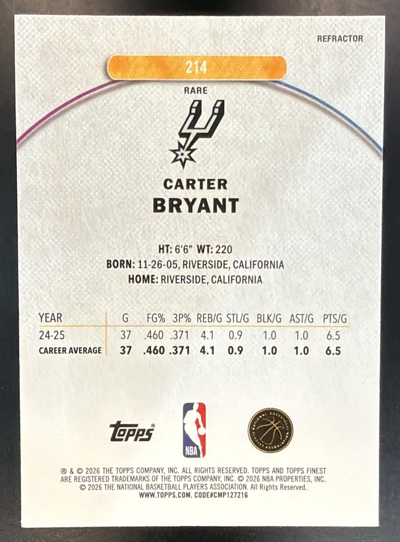 2025-26 Topps Finest Carter Bryant #214 Rare Refractor RC Spurs — back