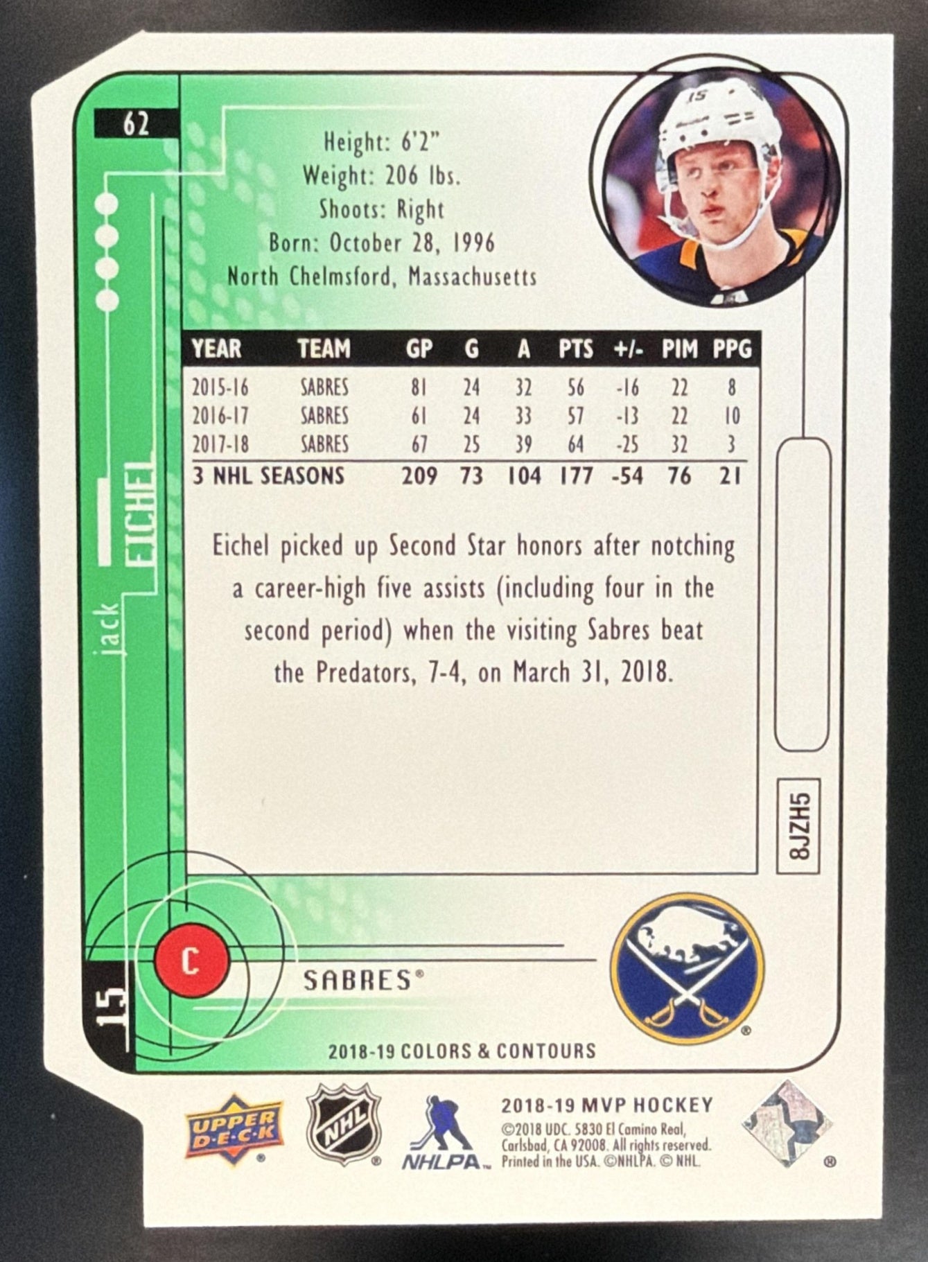 2018 Upper Deck MVP Jack Eichel #62 20th Anniversary Colors & Contours /198 — back