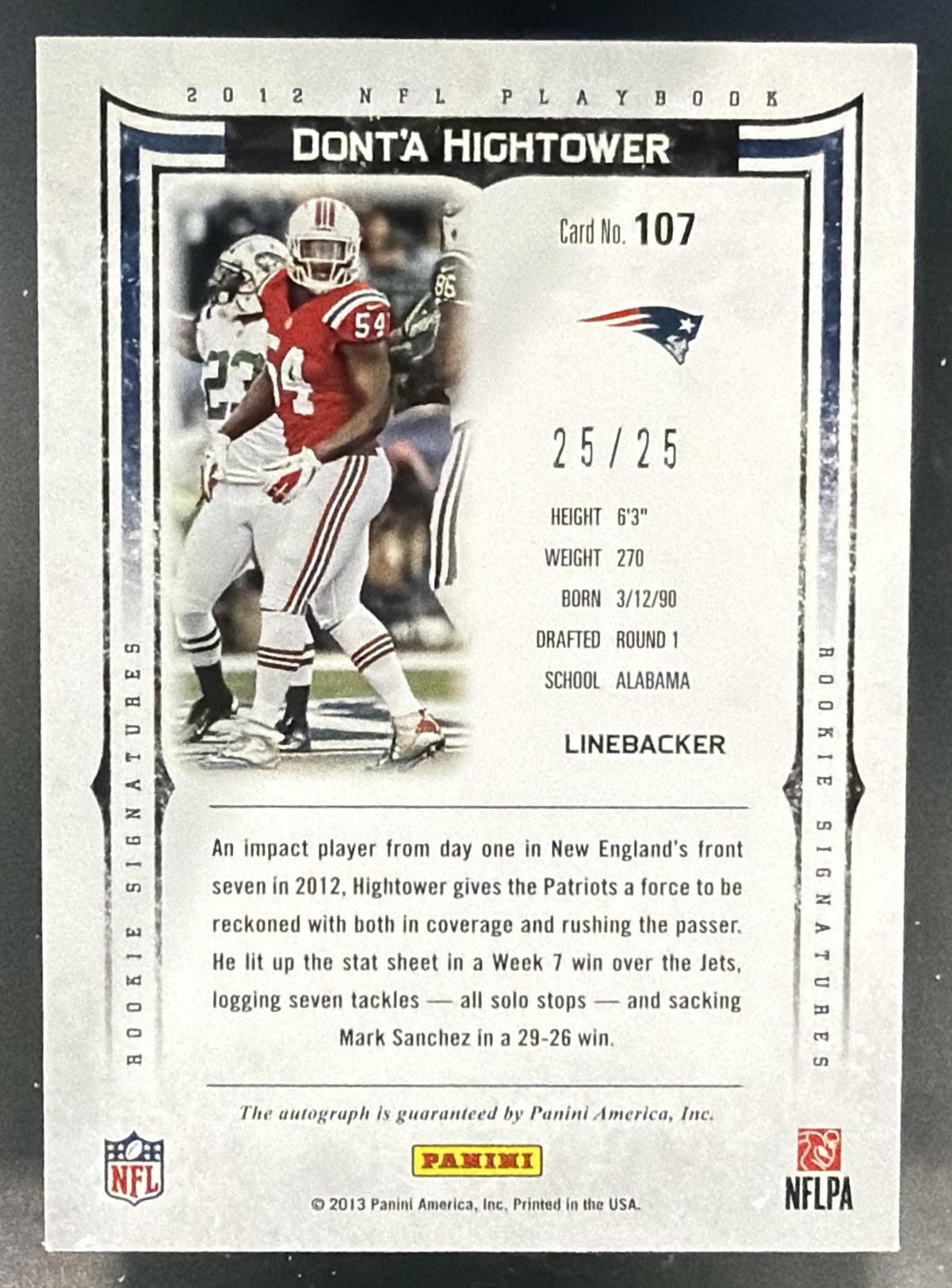 2013 Playbook Signatures Dont'a Hightower #107 Rookie Auto 25/25 — back