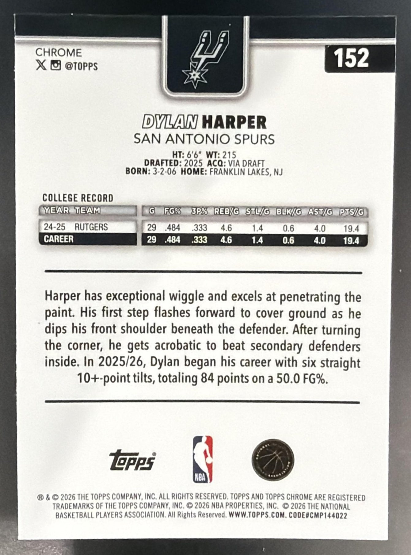 2025 Topps Chrome Update Dylan Harper #152 Red White and Blue Refractor RC — back