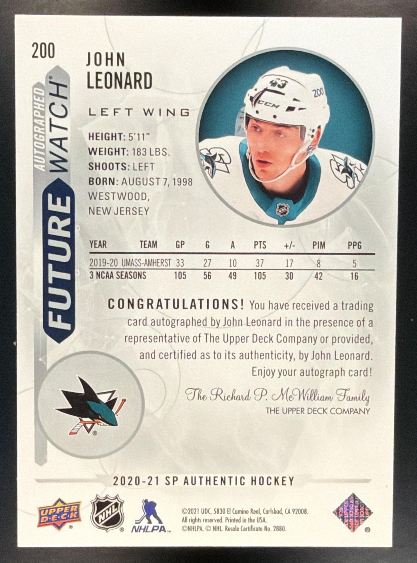 2020-21 SP Authentic John Leonard #200 942/999 Auto RC Future Watch Sharks — back