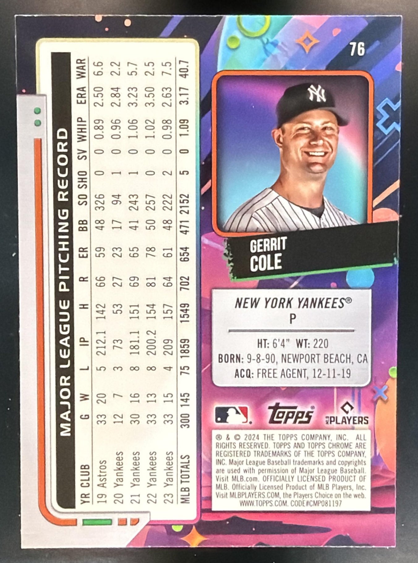 2024 Topps Cosmic Chrome Gerrit Cole #76 Blue Moon Refractor /99 Yankees — back