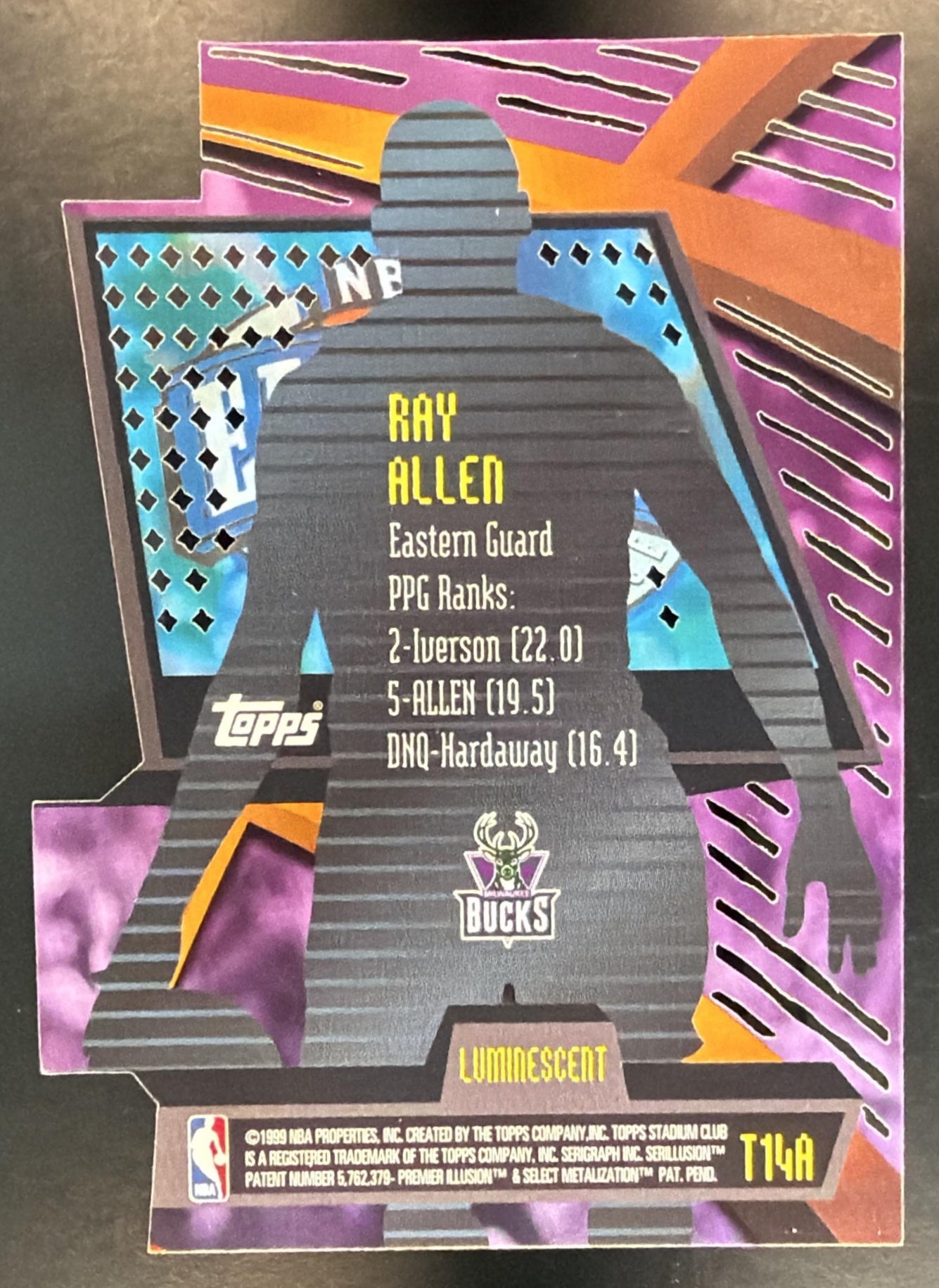 1998-99 Topps 99 Stadium Club Ray Allen #T14A Triumvirate Luminous Bucks — back