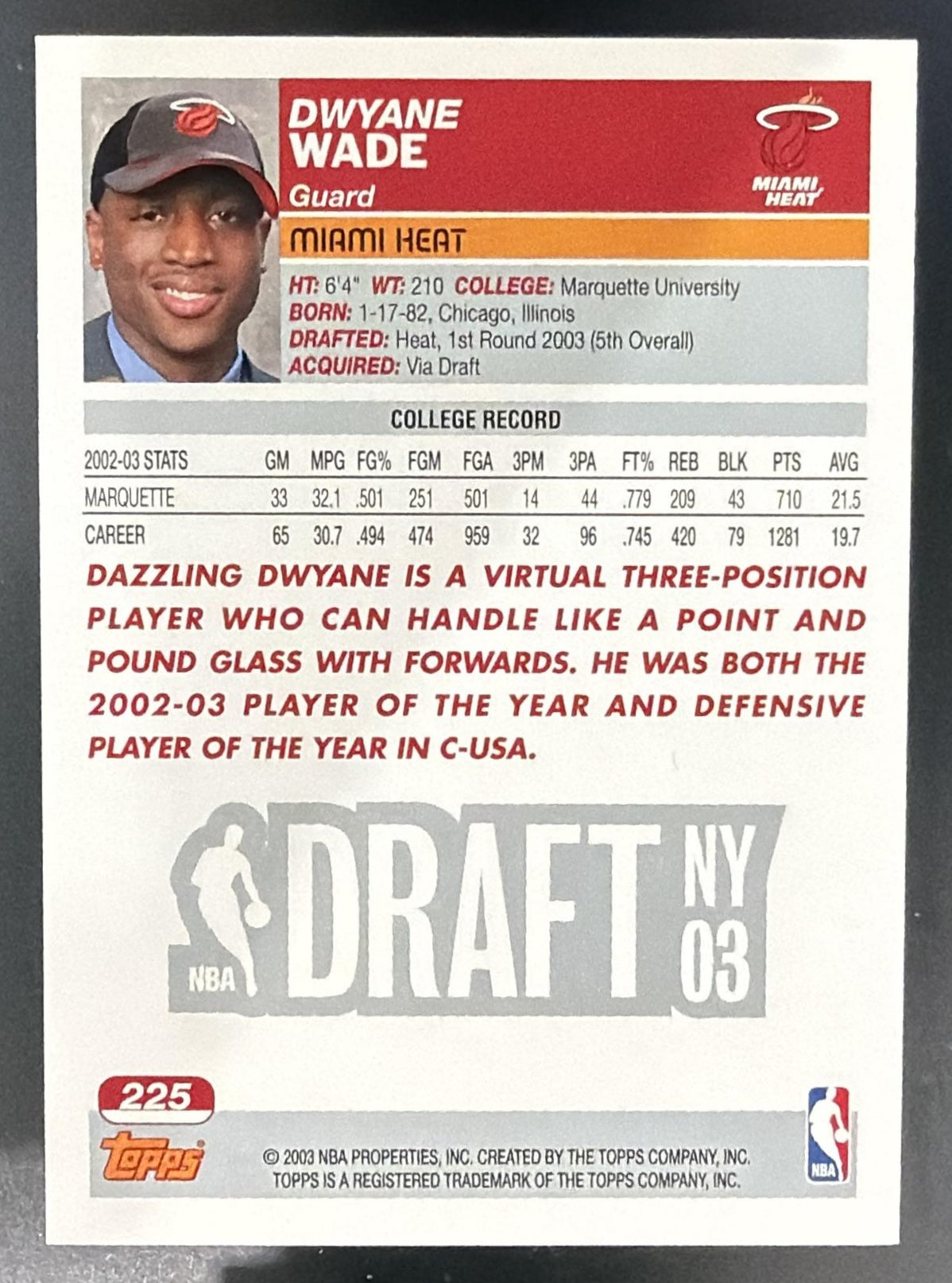 2003-04 Topps Dwyane Wade #225 RC Heat — back