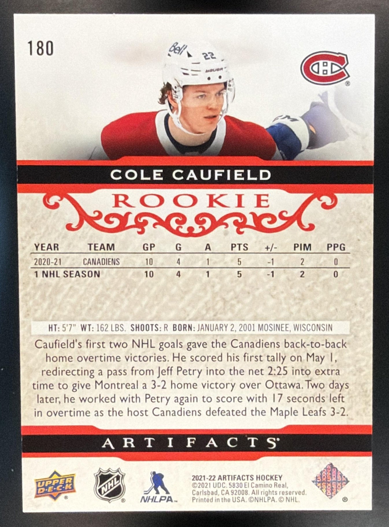 2021-22 Upper Deck Artifacts Cole Caufield #180 Ruby 373/499 RC Canadiens — back