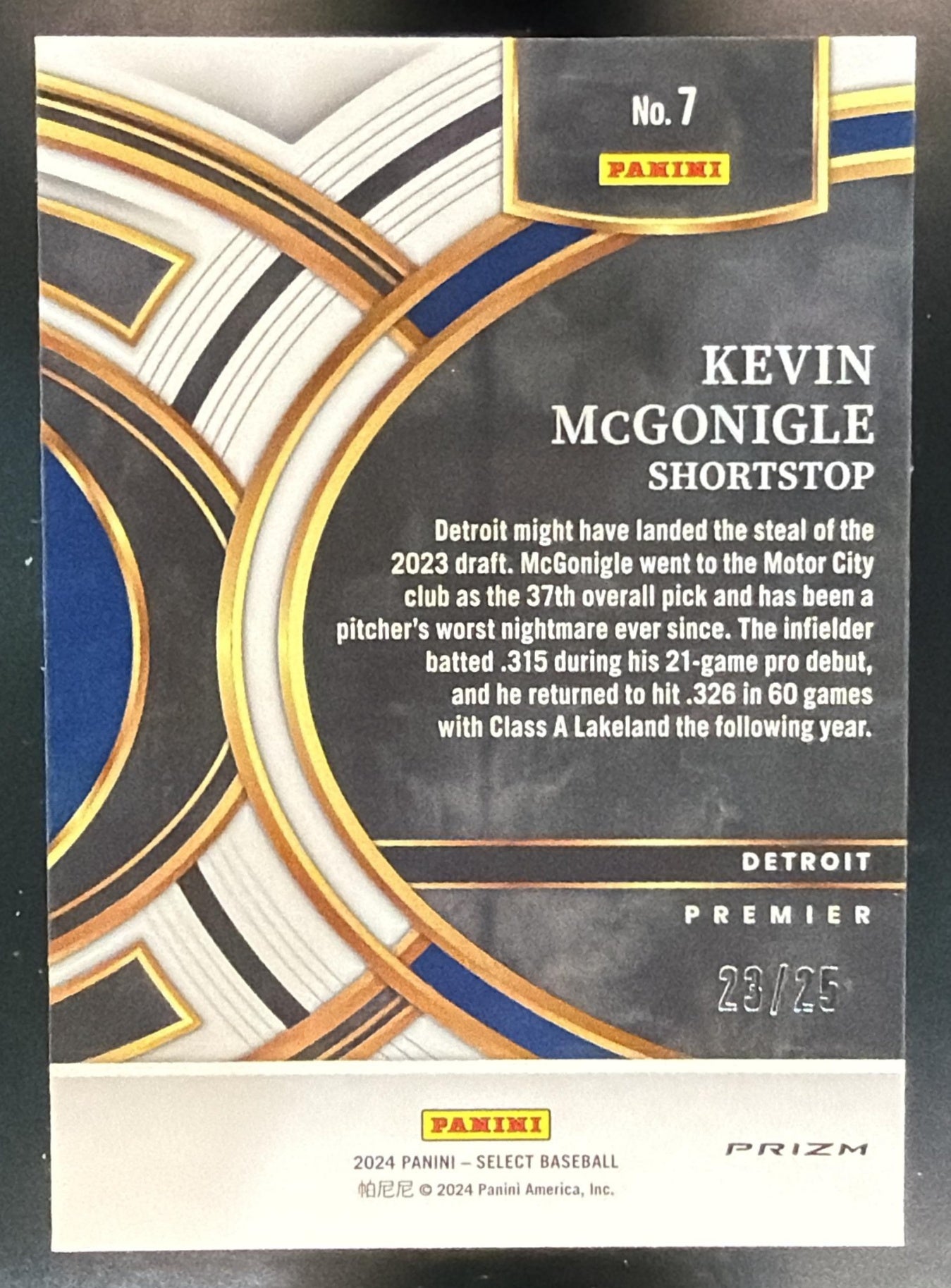 2024 Panini Select Kevin McGonigle #7 Premier Tie-Dye Prizm 23/25 Tigers — back