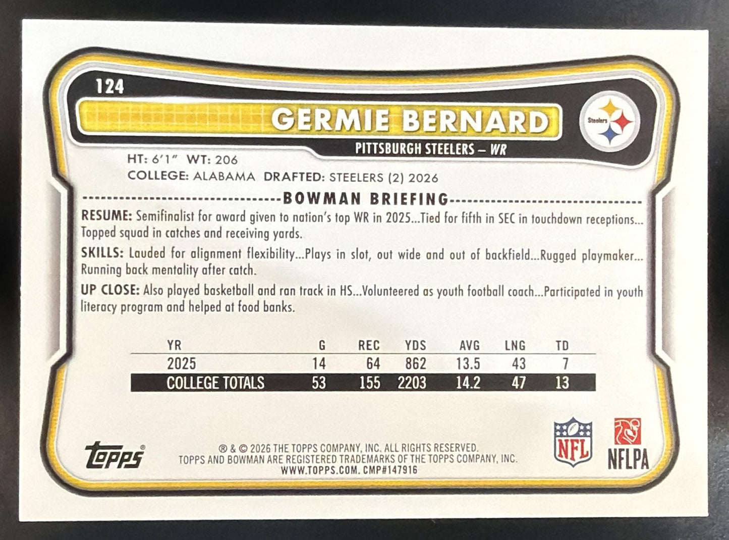 2026 Bowman Germie Bernard #124 NFL Aqua /199 RC Steelers — back
