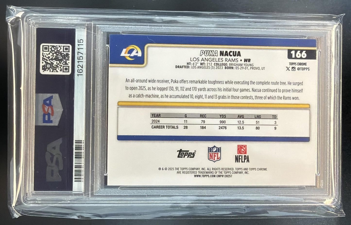 2025 Topps Chrome Puka Nacua #166 Red/White/Blue Refractor Rams PSA 8 — back
