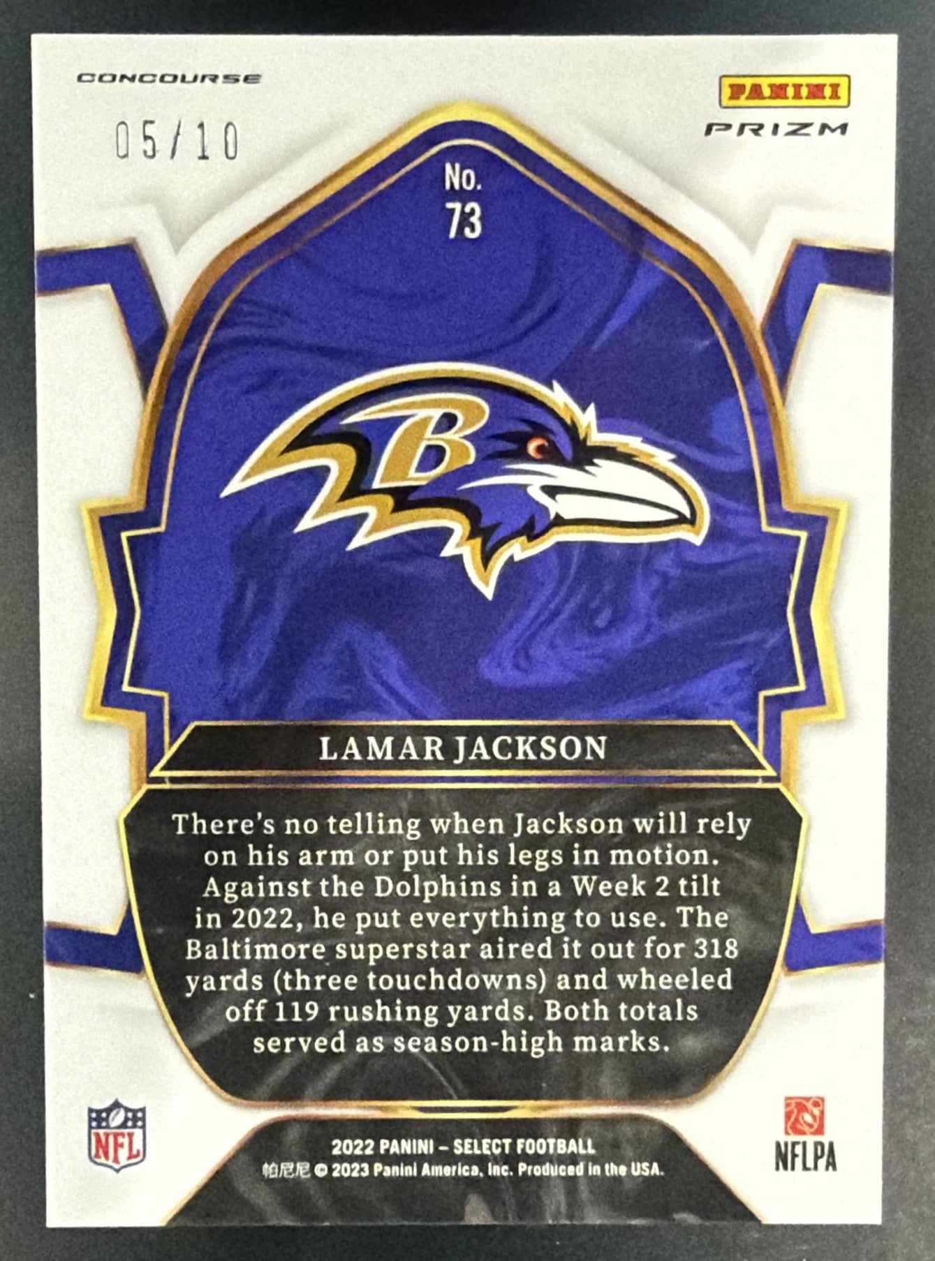 2022 Panini Select Lamar Jackson #73 Gold Disco Prizm 5/10 Concourse Ravens — back