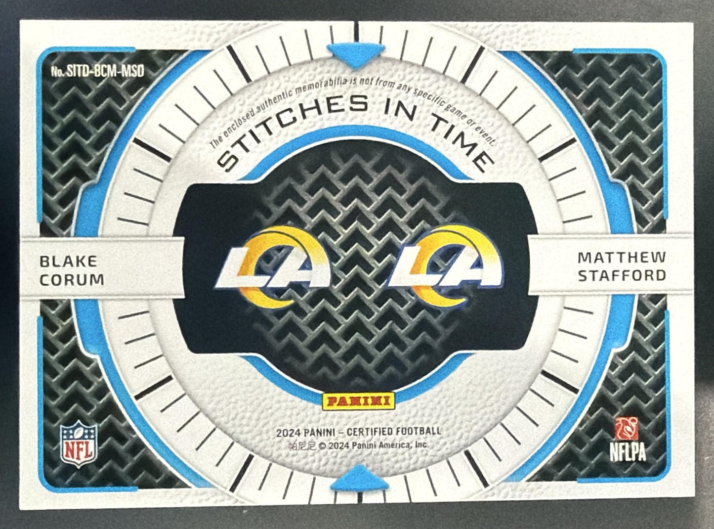 2024 Certified Blake Corum Matthew Stafford Stitches Dual Green Etch /3 MEM — back