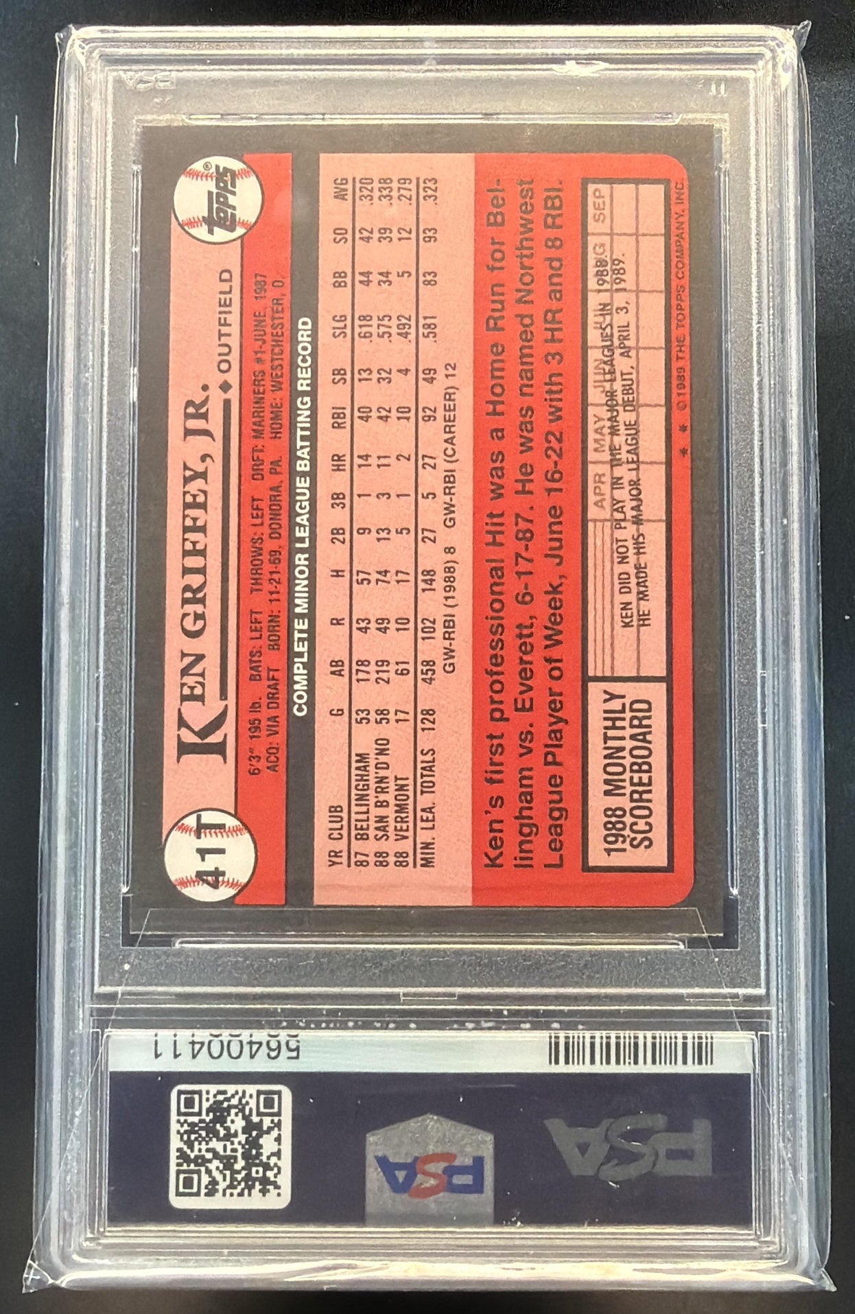 1989 Topps Traded Ken Griffey, Jr. #41T RC Mariners PSA 9 — back