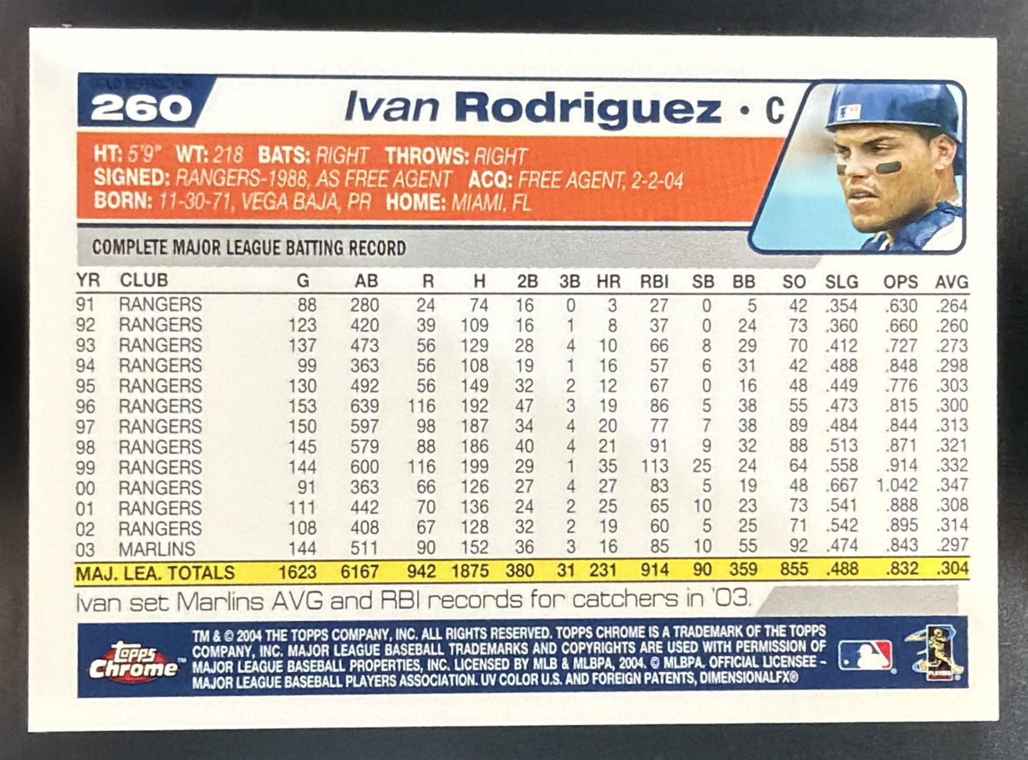 2004 Topps Chrome Ivan Rodriguez #260 Gold Refractor Tigers — back