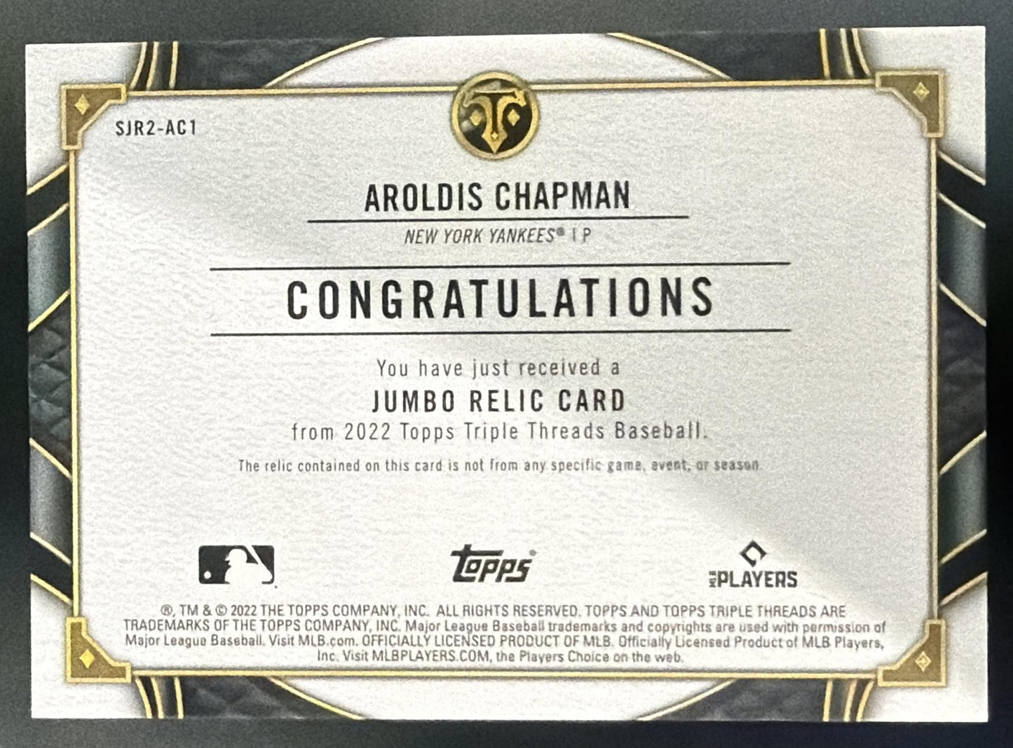 2022 Topps Triple Threads Aroldis Chapman Single Jumbo Relics Amber /18 — back
