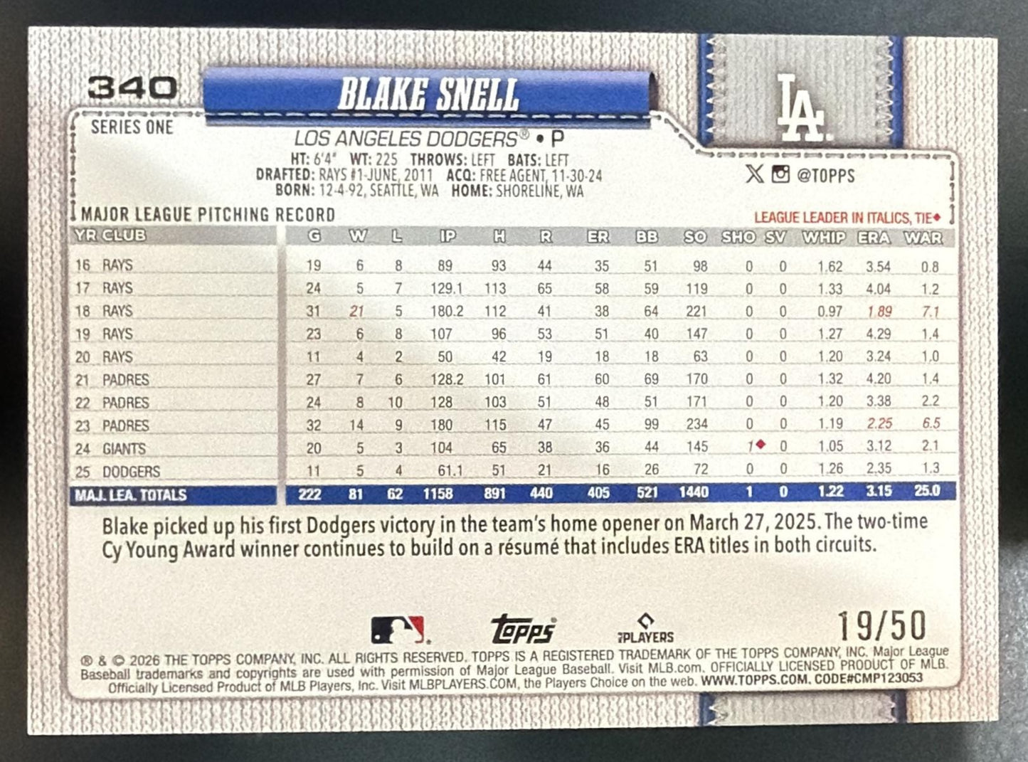 2026 Topps Series 1 Blake Snell #340 Gold Diamante Foil 19/50 Dodgers — back