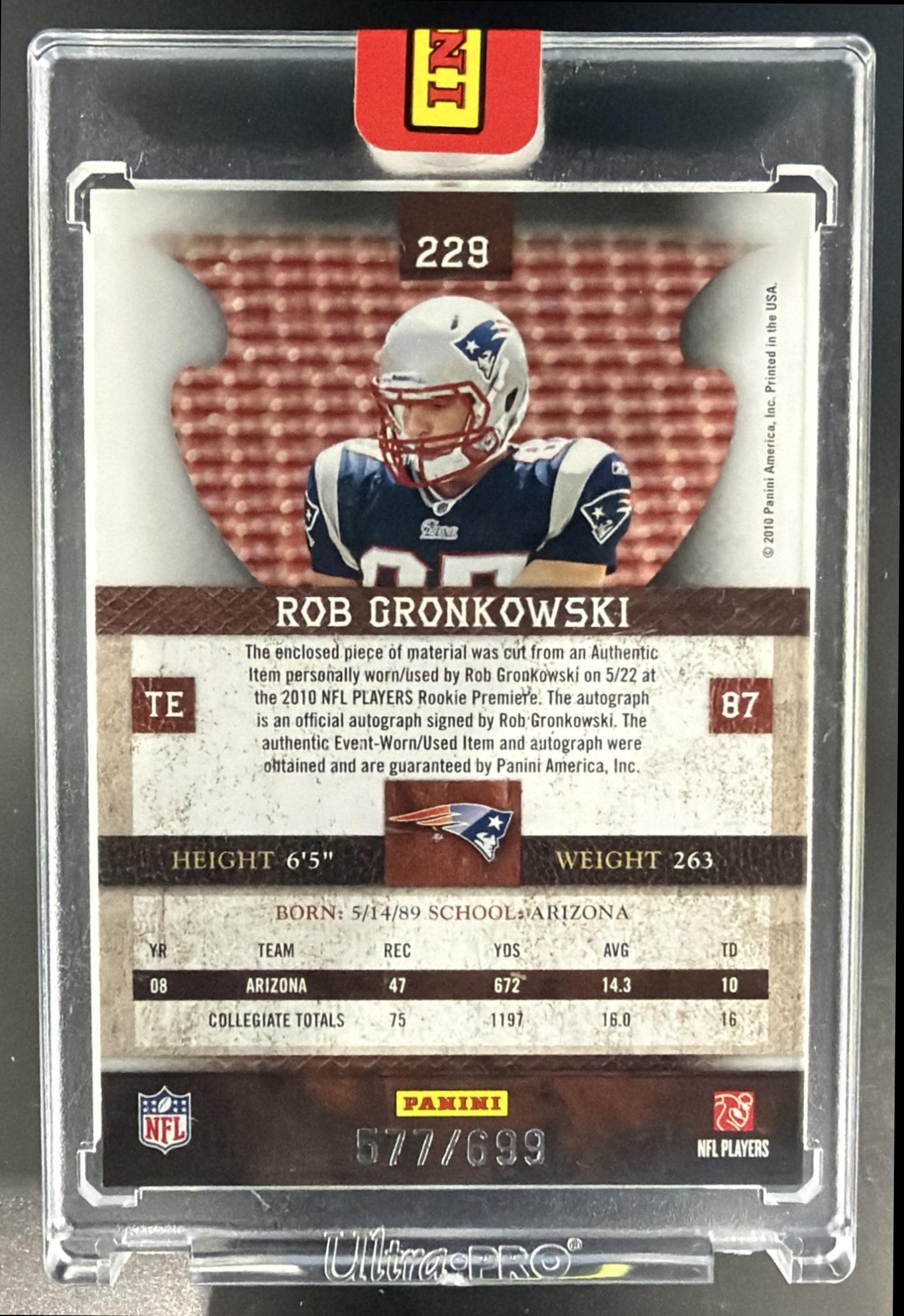 2010 Panini Plates & Patches Rob Gronkowski #229/699 RC Auto Patriots — back