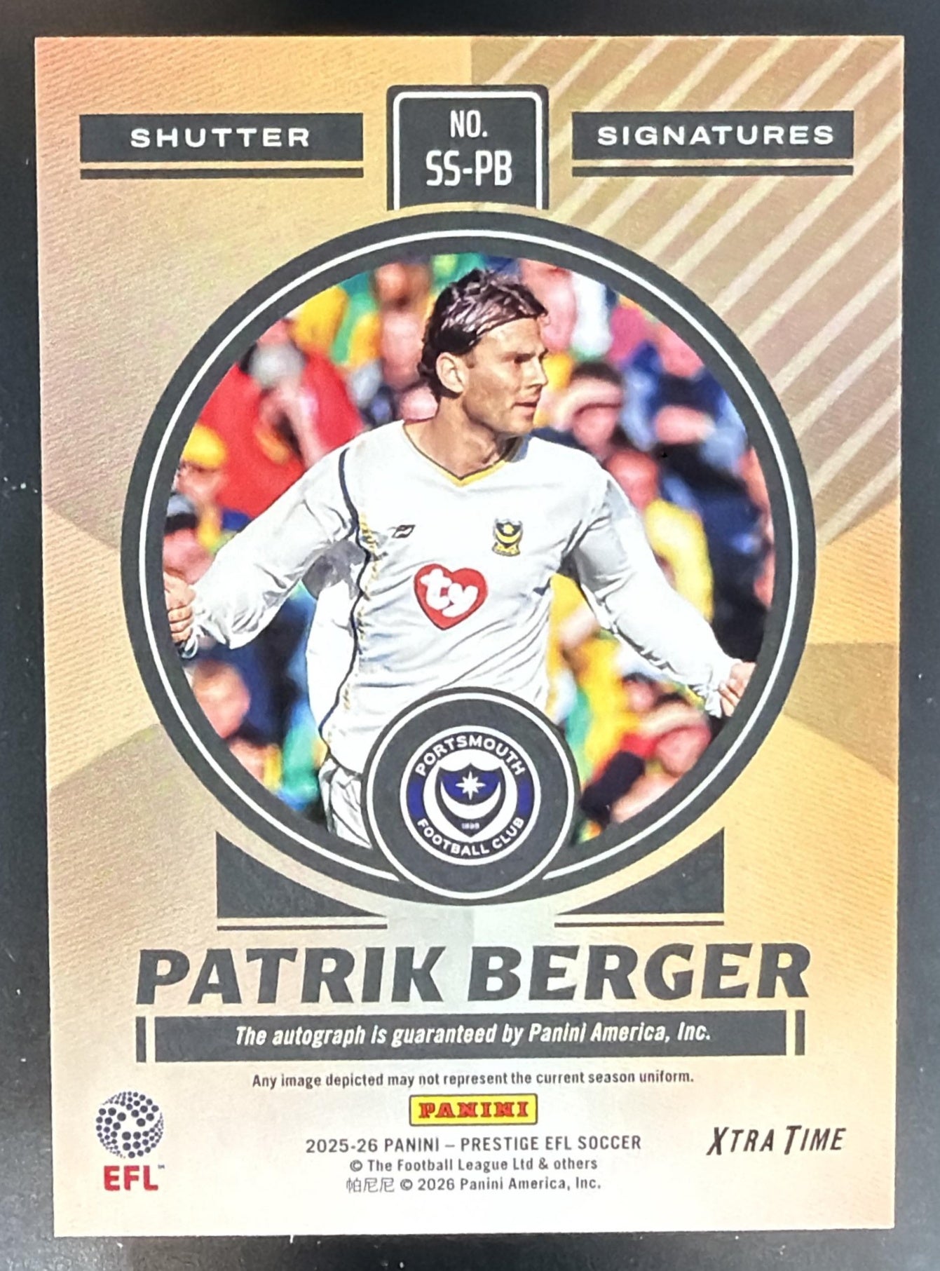 2025-26 Panini Prestige EFL Patrik Berger #33 Shutter Signatures Gold 3/10 Auto — back
