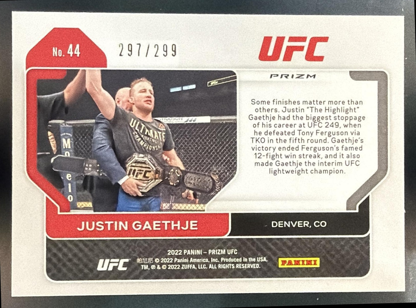 2022 Panini Prizm UFC Justin Gaethje #44 Red Prizms /299 — back