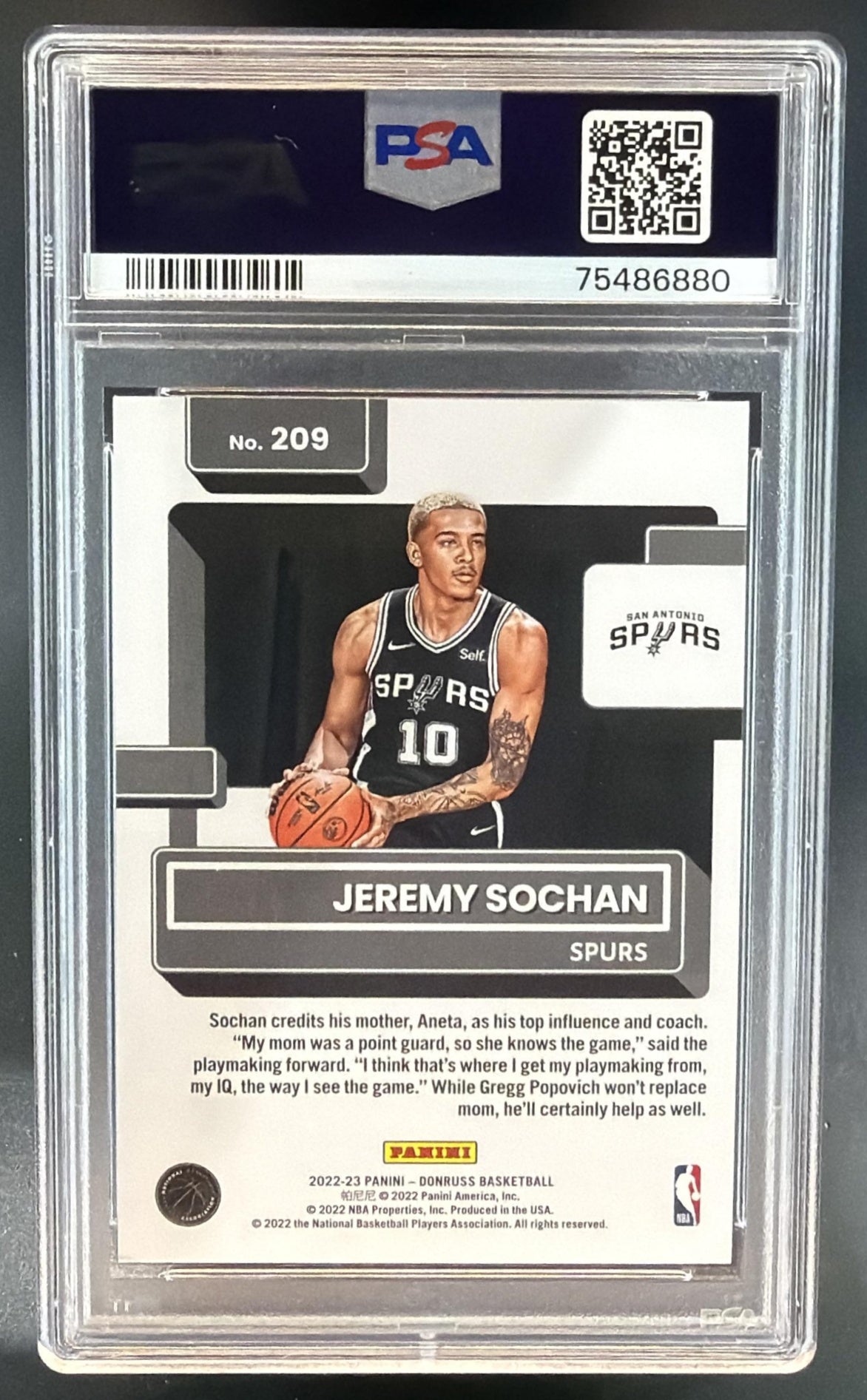2022-23 Panini Donruss Jeremy Sochan #209 Choice RC Rated Rookie Spurs PSA 10 — back