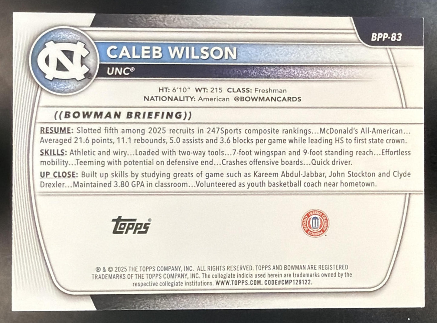 2025-26 Bowman Caleb Wilson #BPP-83 1st Prospect Tar Heels — back