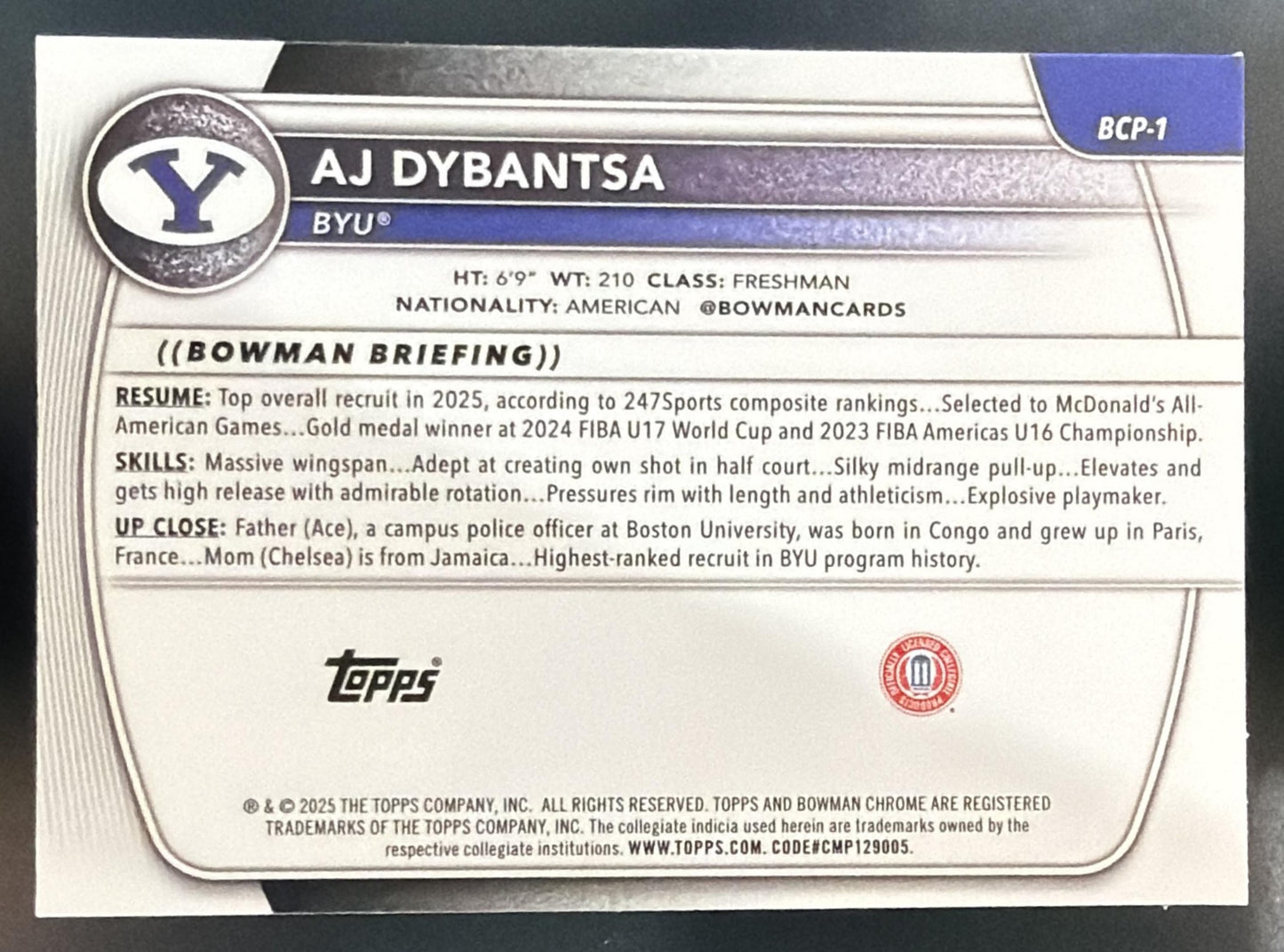 2025-26 Bowman AJ Dybantsa #BCP-1 Chrome Mojo Refractor 1st Prospect Cougars — back