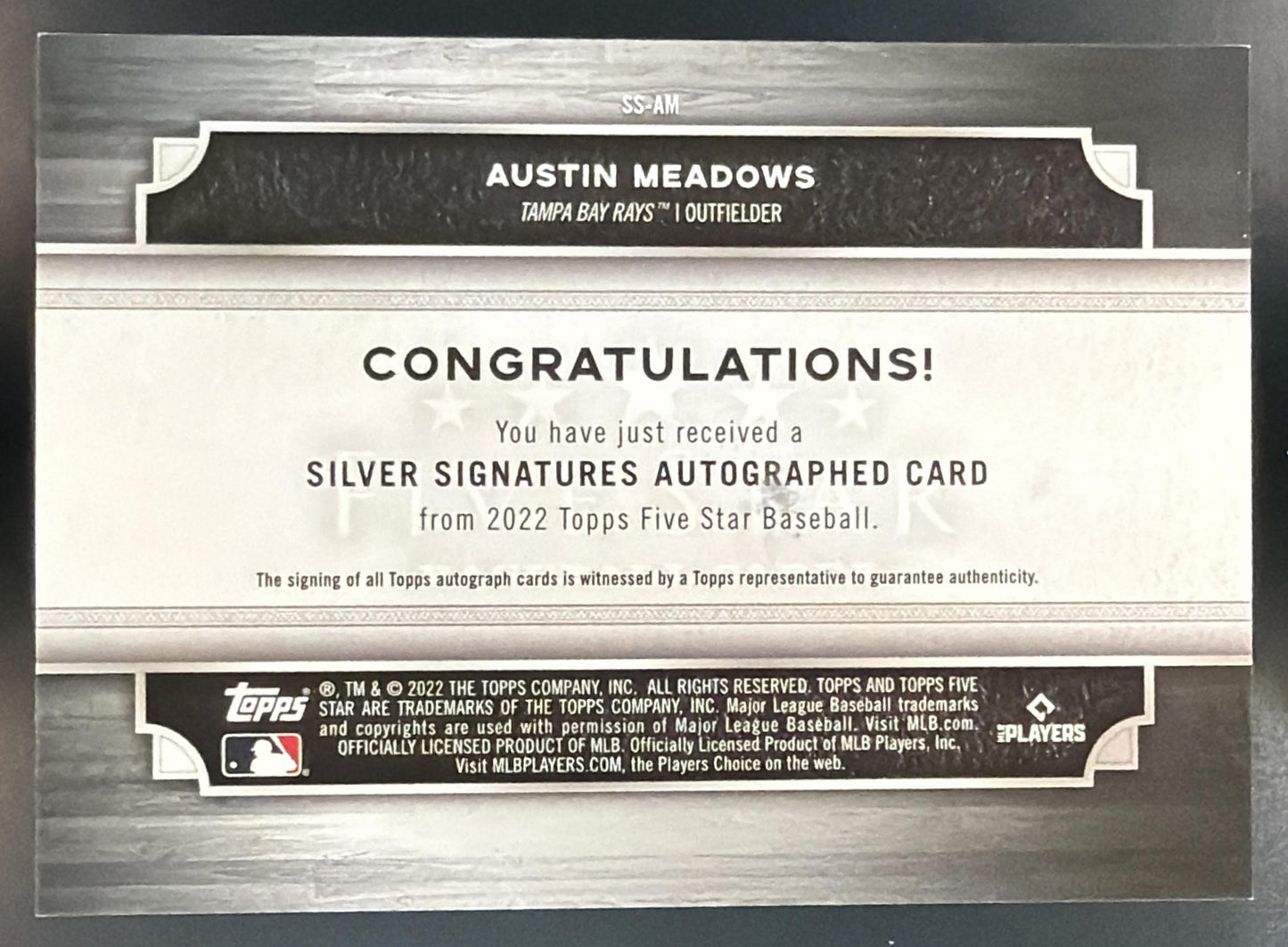 2022 Topps Five Star Austin Meadows #SS-AM Silver Signatures Aqua /30 Auto Rays — back