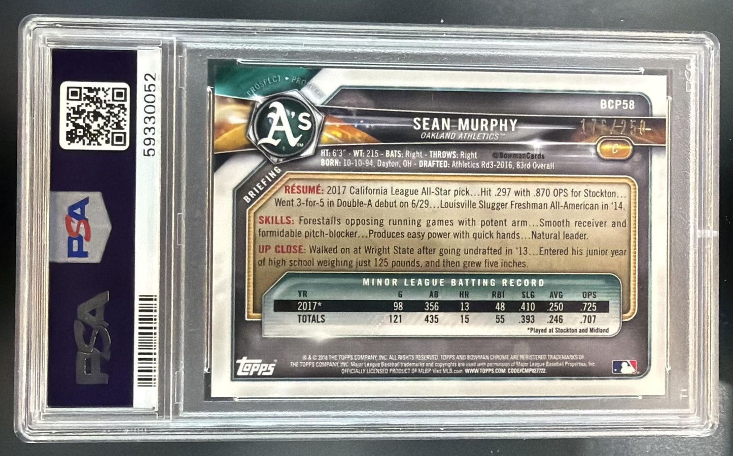2018 Bowman Sean Murphy Chrome Prospects Mojo Refractor Purple /250 PSA 10 — back
