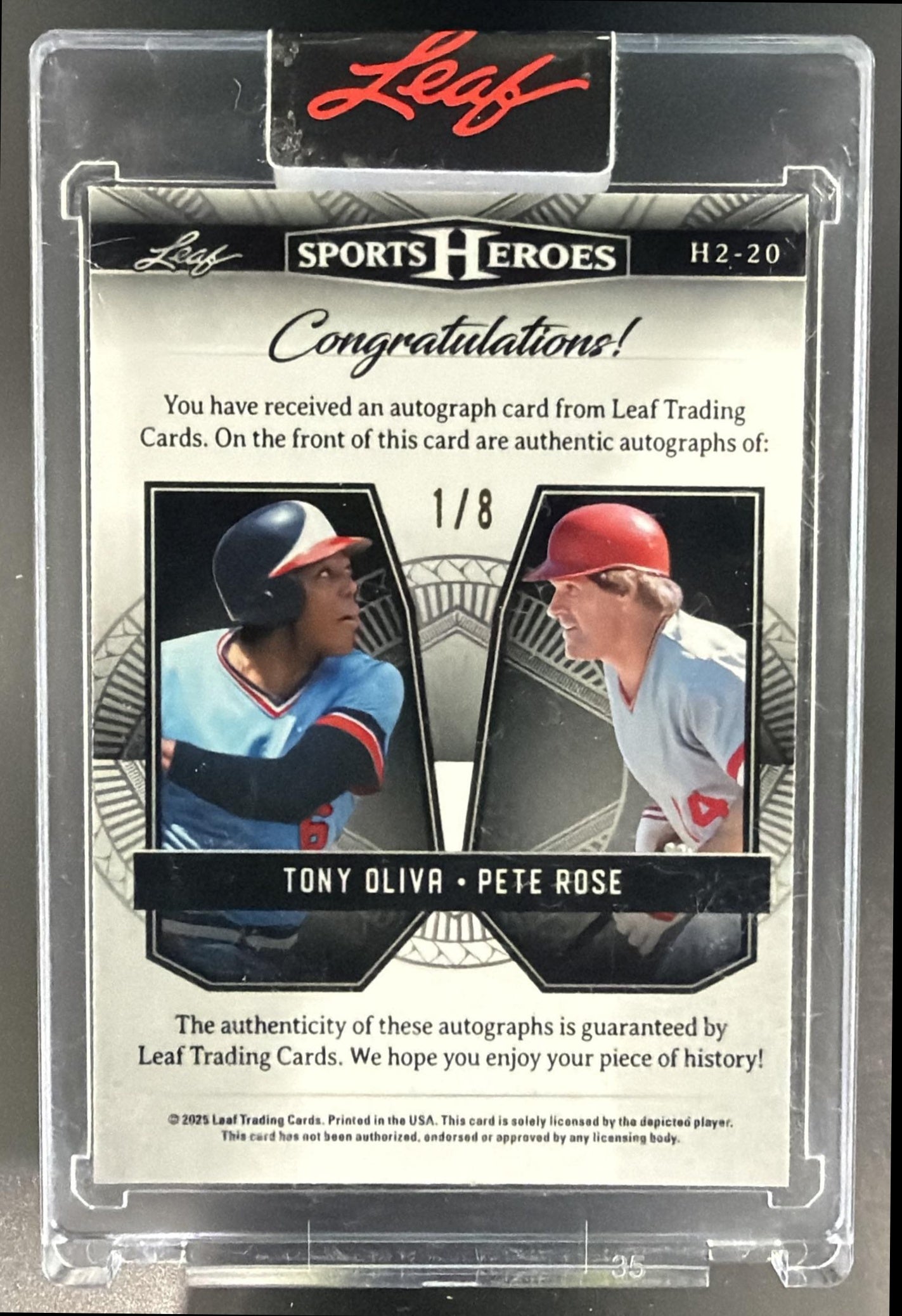 2025 Leaf Metal Sports Heroes Tony Oliva Pete Rose Auto Crystal Purple /8 — back
