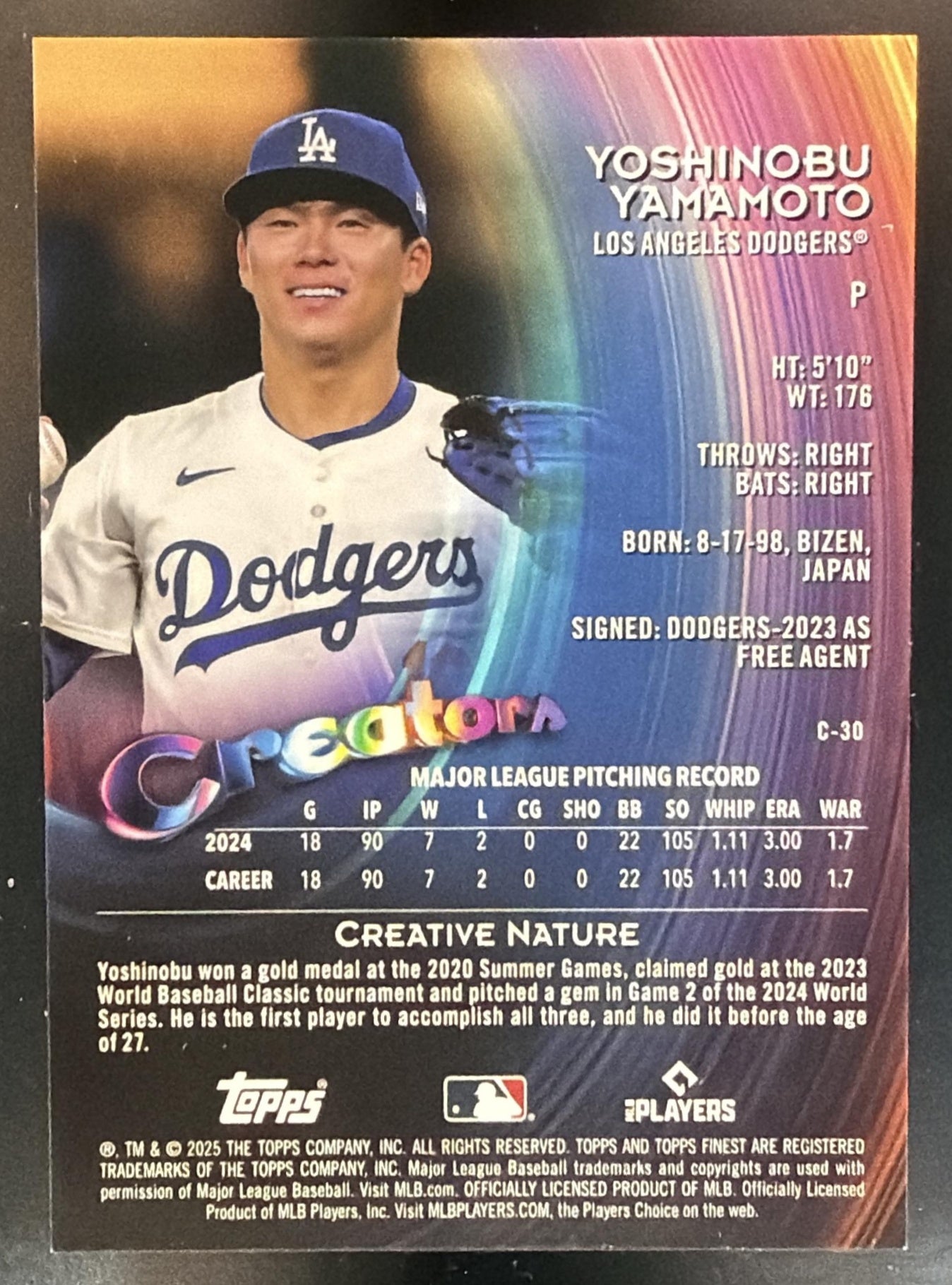 2025 Topps Finest Yoshinobu Yamamoto #C-30 Creators Green Refractor /75 — back