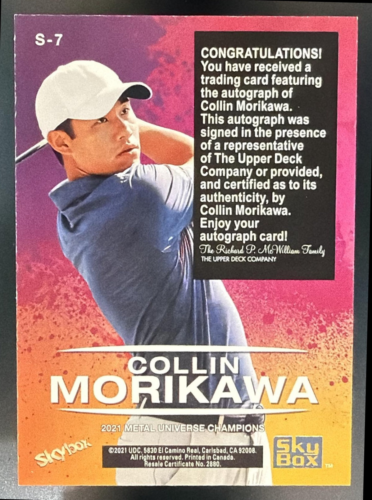 2021 Skybox Metal Universe Champions Collin Morikawa #S-7 Premium Auto — back