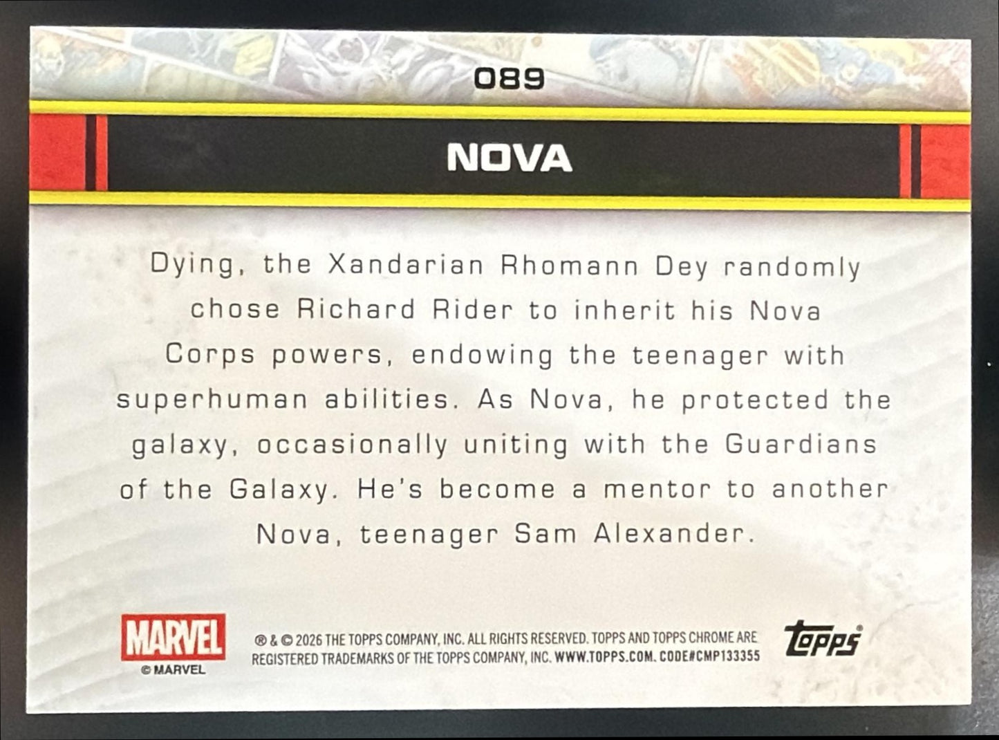 2026 Topps Chrome Marvel Comics Nova #089 Orange Wave Refractor 2/25 — back