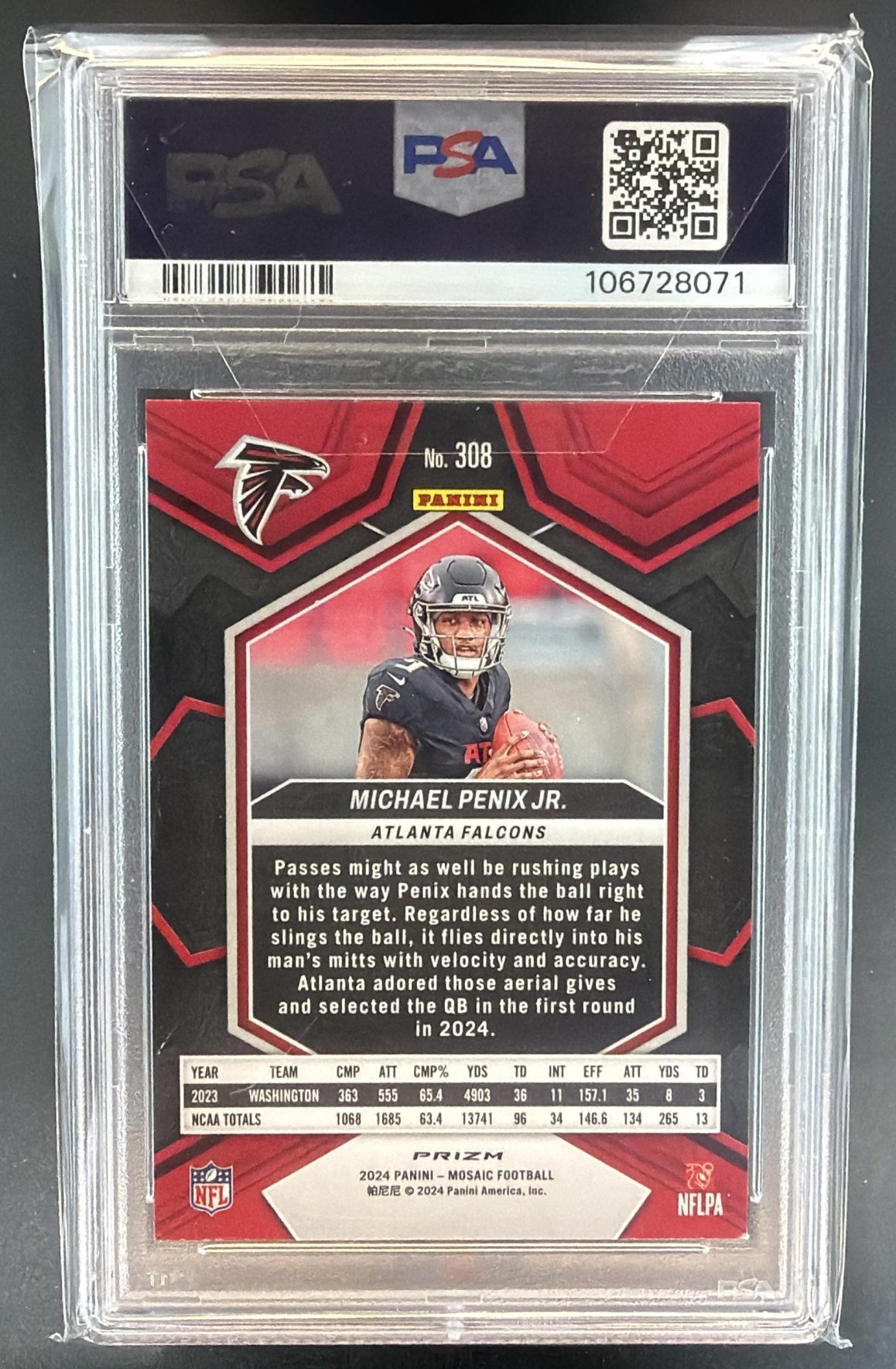 2024 Panini Mosaic Michael Penix Jr. #308 Camo Red Prizm RC Falcons PSA 8 — back