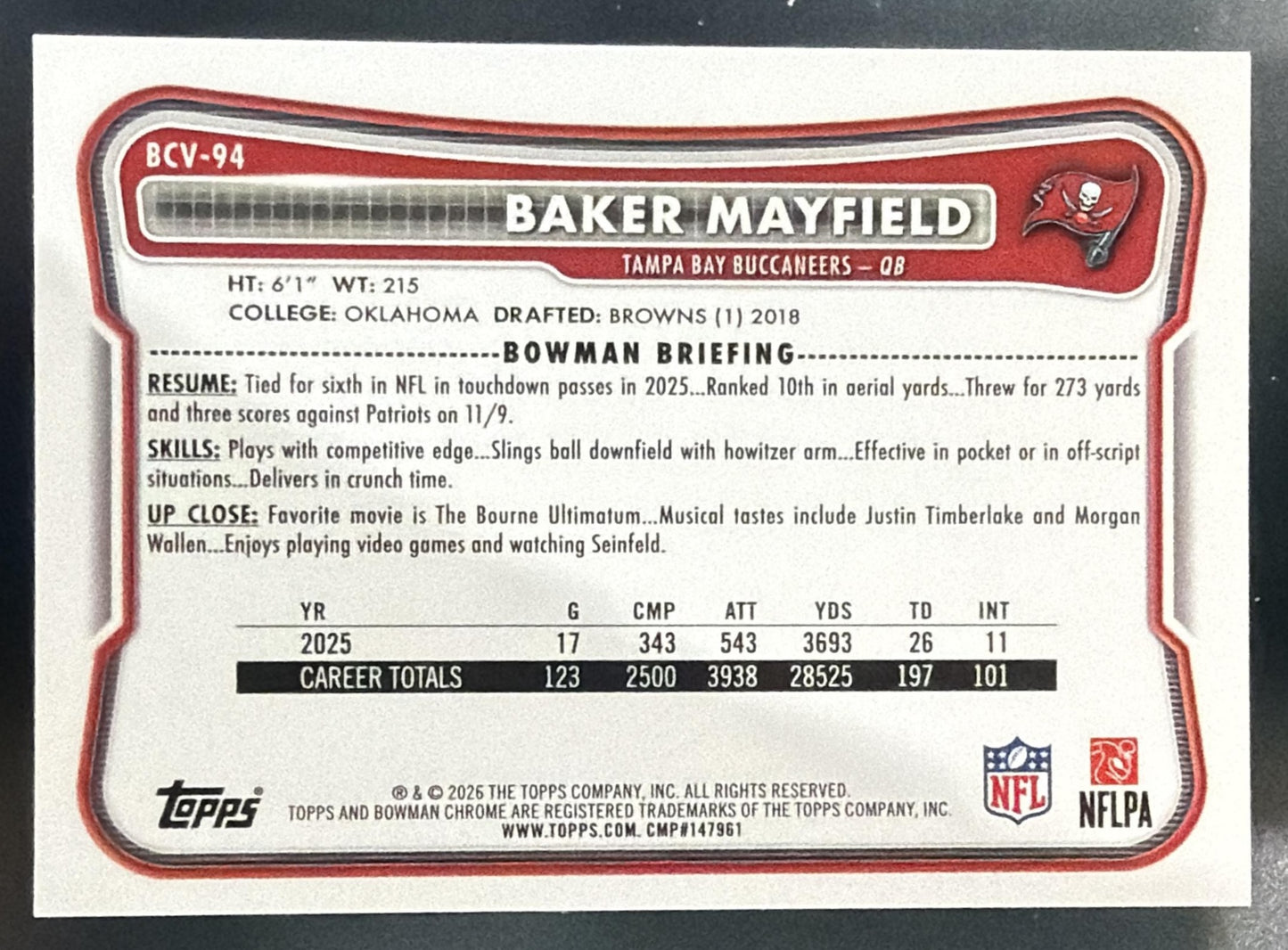 2026 Bowman Baker Mayfield #BCV-94 Chrome NFL Gold Shimmer Refractor /50 — back