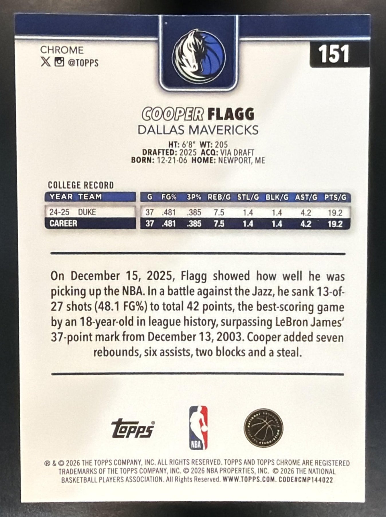 2025-26 Topps Chrome Update Cooper Flagg #151 RC Mavericks — back