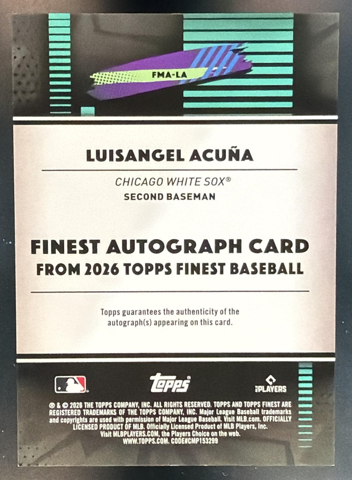 2026 Topps Finest Luisangel Acuna Mega Auto Aqua Mini-Diamond Refractor /199 — back