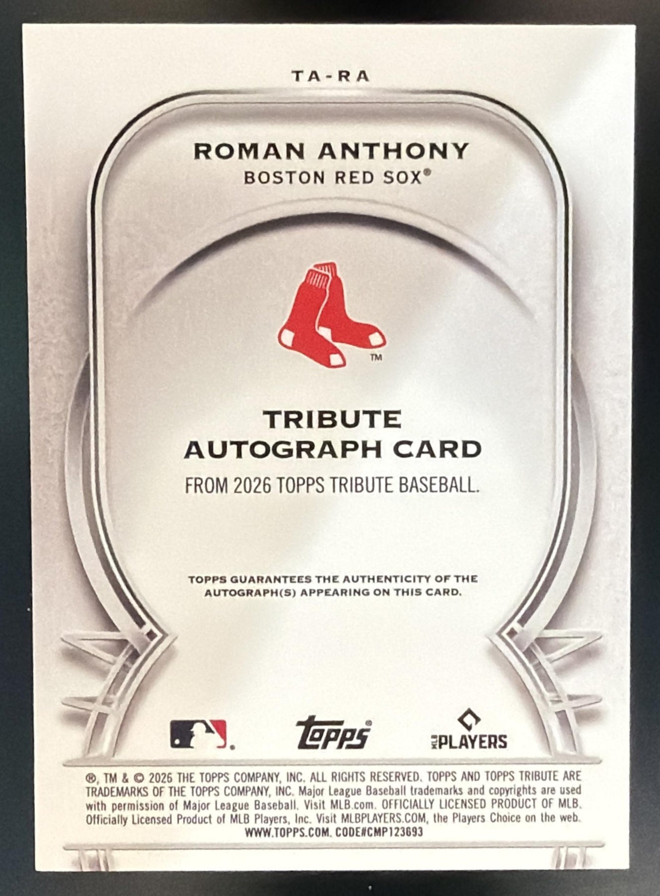 2026 Topps Tribute Roman Anthony #TA-RA Auto Purple 45/75 RC Red Sox — back
