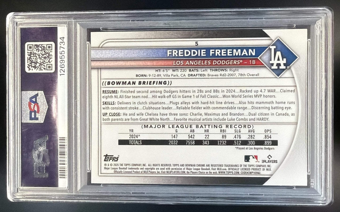 2025 Bowman Freddie Freeman #5 Mega Box Gold Refractor /50 Dodgers PSA 10