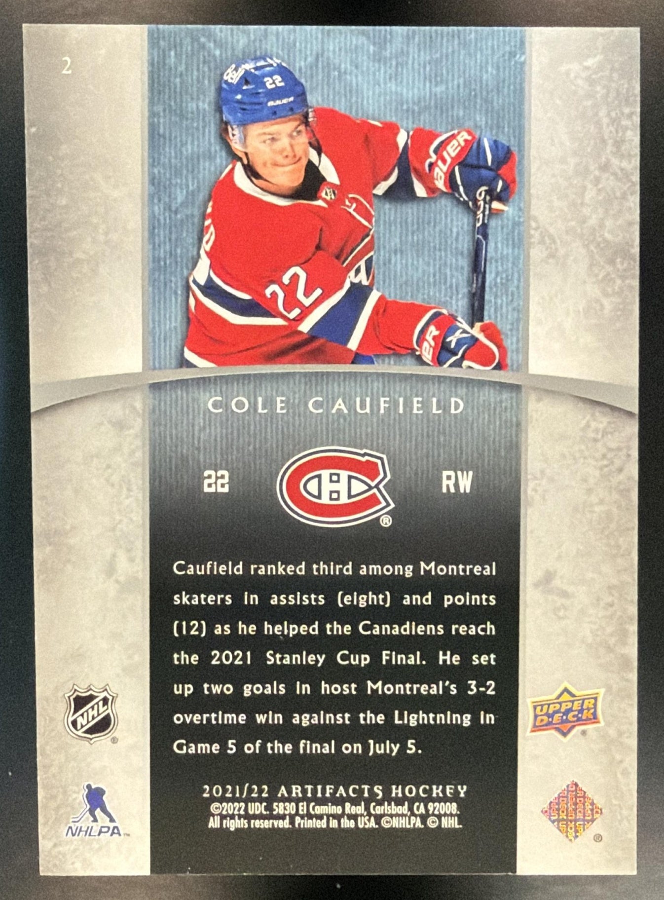 2021 Upper Deck Artifacts Cole Caufield #2 2005 06 Retro Rookies /999 RC — back