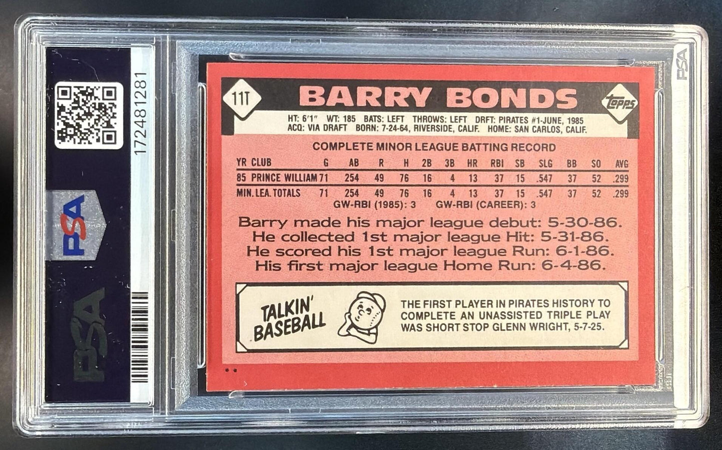 1986 Topps Traded Barry Bonds #11T RC Pirates PSA 7 — back