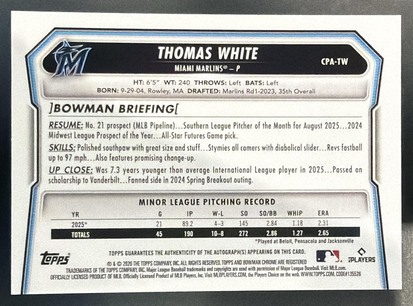 2026 Bowman Thomas White #CPA-TW Chrome Prospect Auto Purple Refractor /250 — back
