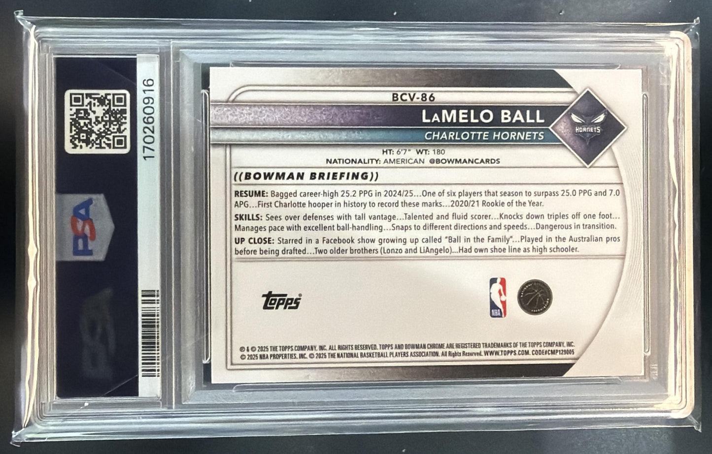2025 Bowman LaMelo Ball #BCV-86 Chrome Yellow Mojo Refractor /75 PSA 10 — back