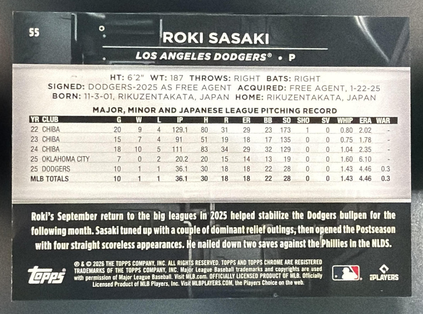 2026 Topps Chrome Black Roki Sasaki #55 Blue Refractor 109/150 Dodgers — back