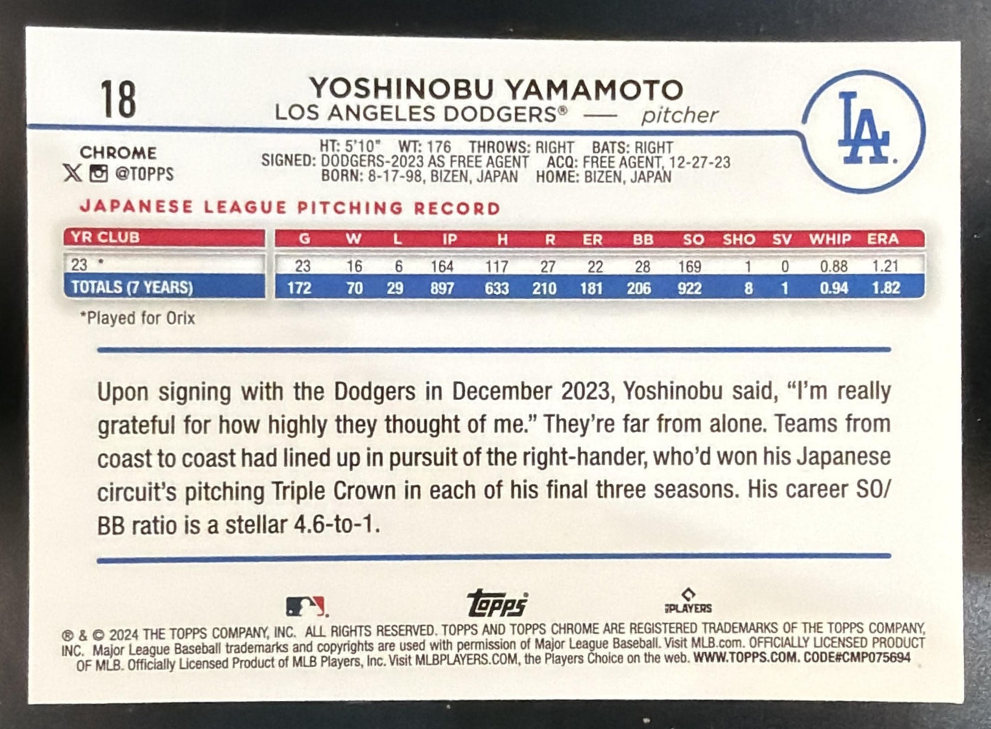 2024 Topps Chrome Yoshinobu Yamamoto #18 X Fractor RC Dodgers — back